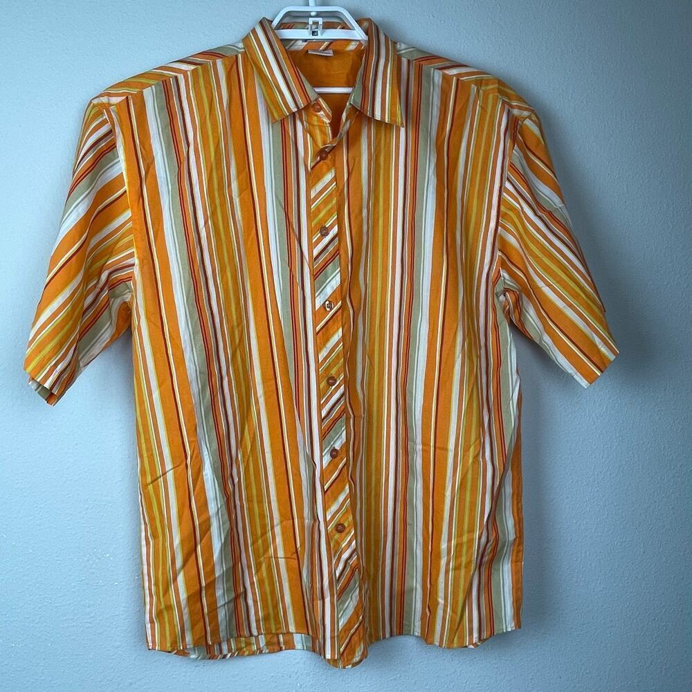 Dtek Jeans Men's Shirt‎ Short Sleeve Button Up Size XL Orange White Red Striped